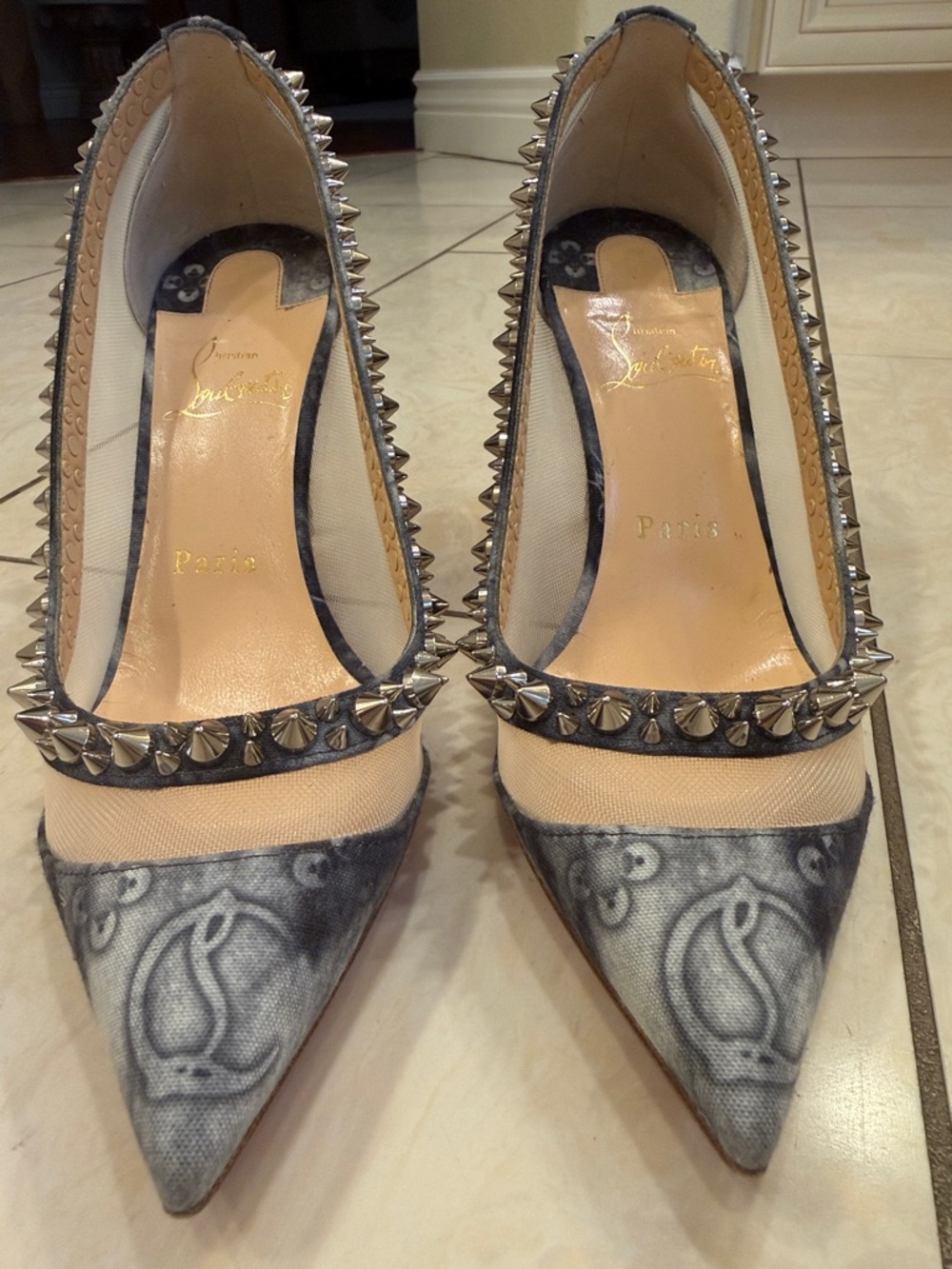 Christian Louboutin Nude Mesh and Gray Studded Pointed-Toe Pumps